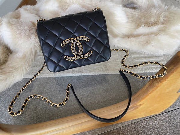 Chanel 2021 Black Lambskin Mini Crystal CC Flap Bag MGHW