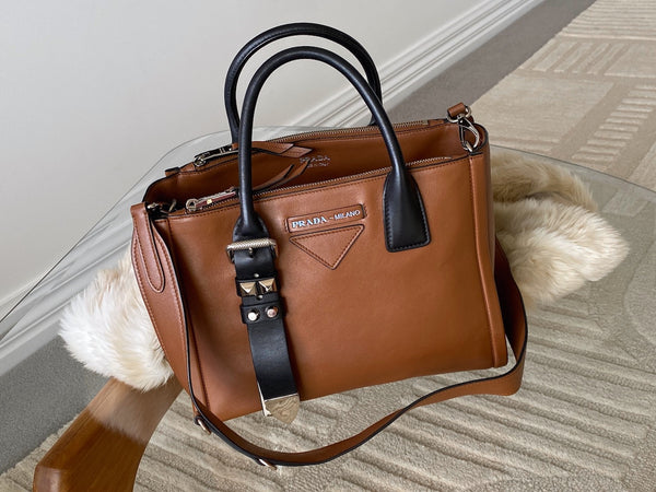 Prada Light Cognac Calfskin Studded Concept Bag