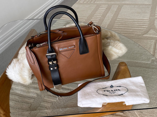 Prada Light Cognac Calfskin Studded Concept Bag