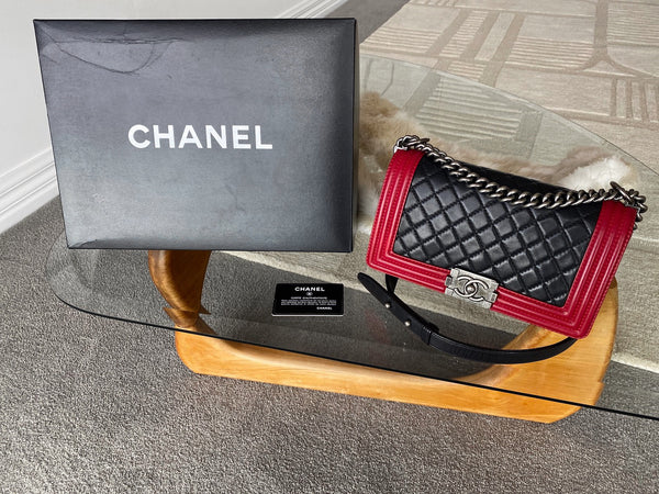 Chanel Red & Black Lambskin Medium Boy Bag