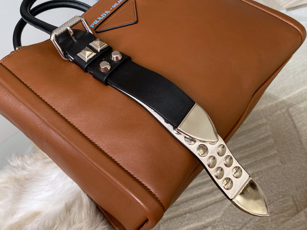 Prada Light Cognac Calfskin Studded Concept Bag