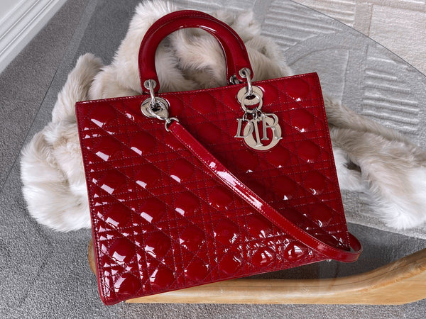 Christian Dior Red Patent Lambskin Large Lady Dior