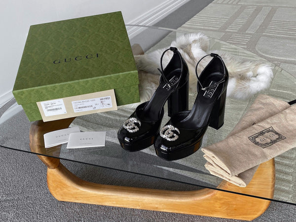 Gucci Nero Vernice Crystal GG Platform Pumps | Sz 38.5 | BNIB