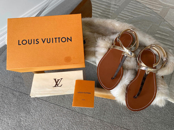 Louis Vuitton Laminated Gold & Monogram Carimbo Sandals | Sz38
