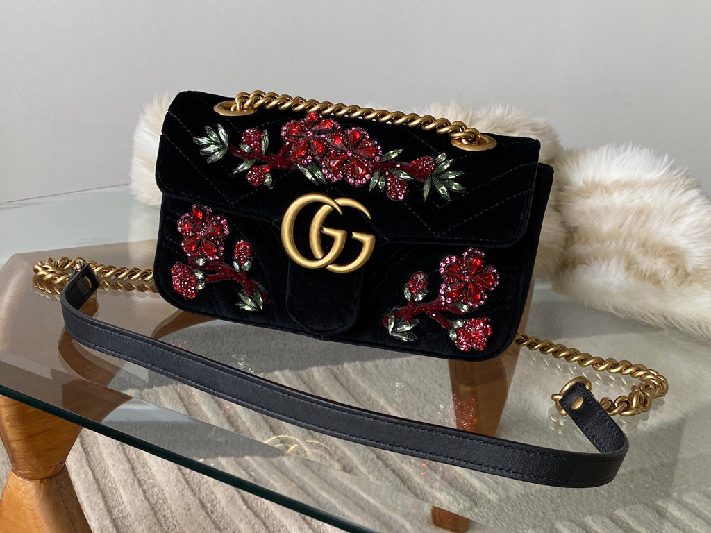 Gucci LE Black Matelassé Chevron Velvet Mini Beaded GG Marmont | BNIB