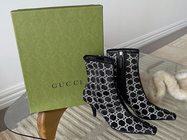 Gucci Nero Malaga Kid GG 75 Crystal-Embellished Tom Mesh Ankle Boots | Sz 37.5