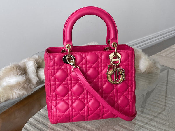Dior Fuchsia Cannage Lambskin Medium Lady Dior