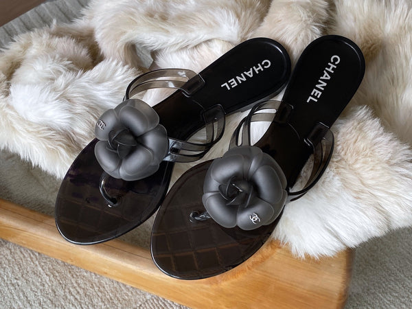 Chanel Graphite Camellia Jelly Sandals | Sz40