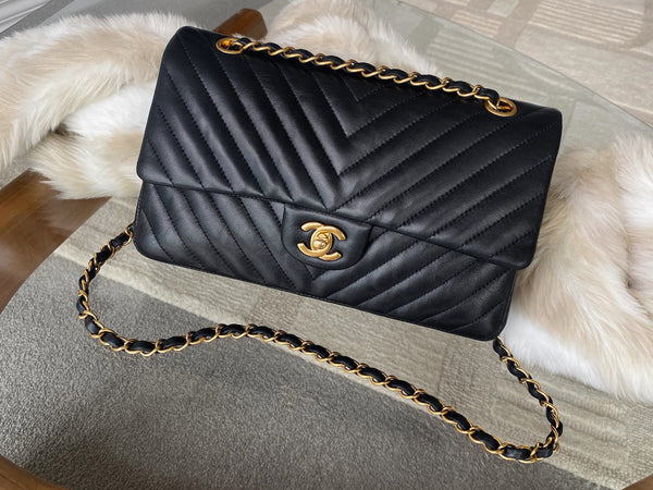 Chanel Black Lambskin Chevron Medium Classic Double Flap AGHW