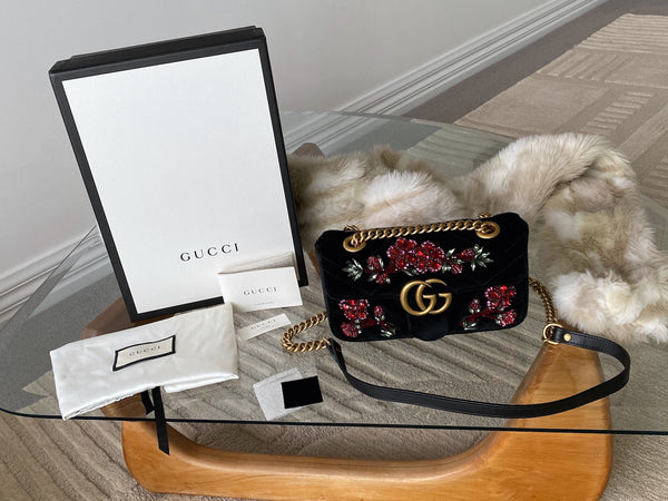 Gucci LE Black Matelassé Chevron Velvet Mini Beaded GG Marmont | BNIB