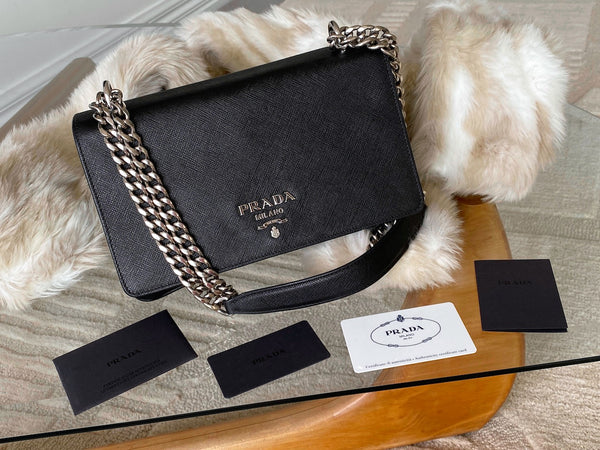 Prada Black Tessuto & Saffiano Pattina Chain Flap