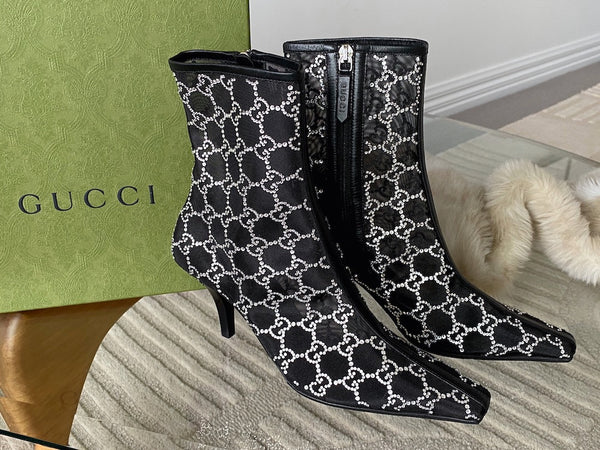 Gucci Nero Malaga Kid GG 75 Crystal-Embellished Tom Mesh Ankle Boots | Sz 37.5