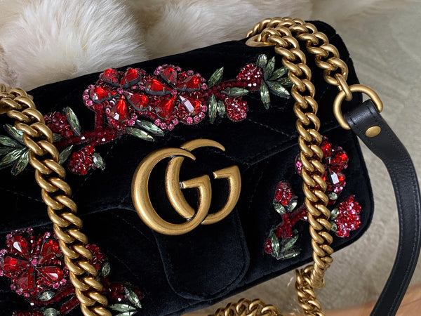 Gucci LE Black Matelassé Chevron Velvet Mini Beaded GG Marmont | BNIB