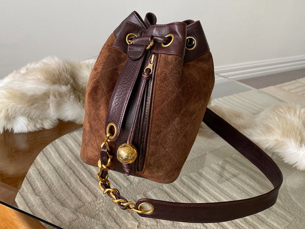 Chanel Brown Suede Drawstring Bucket Bag