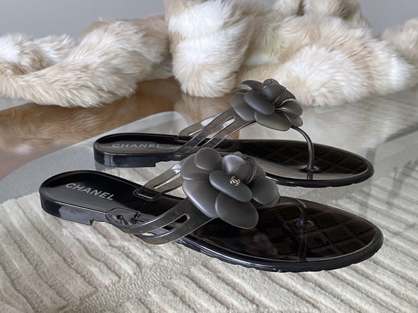 Chanel Graphite Camellia Jelly Sandals | Sz40