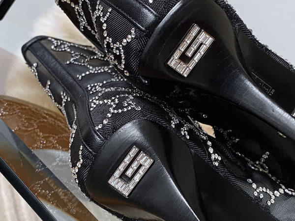 Gucci Nero Malaga Kid GG 75 Crystal-Embellished Tom Mesh Ankle Boots | Sz 37.5