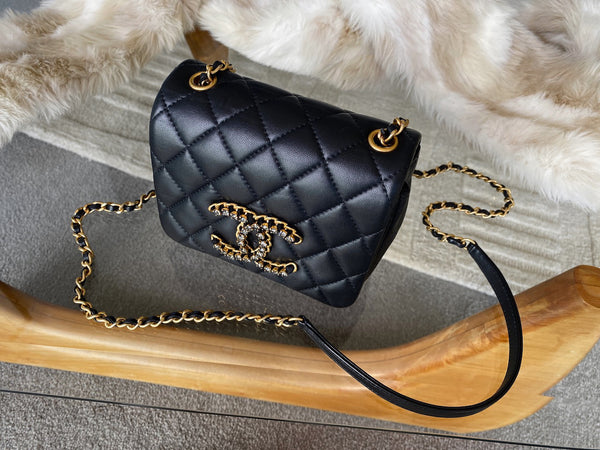 Chanel 2021 Black Lambskin Mini Crystal CC Flap Bag MGHW