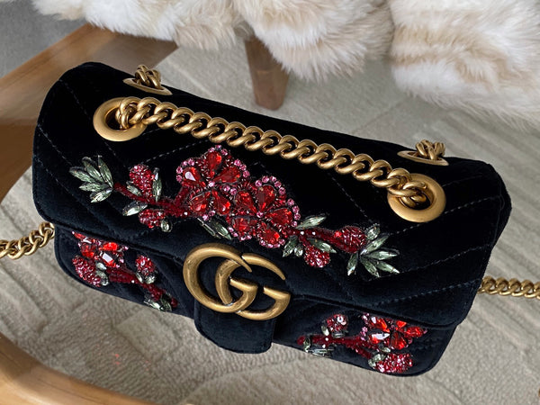 Gucci LE Black Matelassé Chevron Velvet Mini Beaded GG Marmont | BNIB