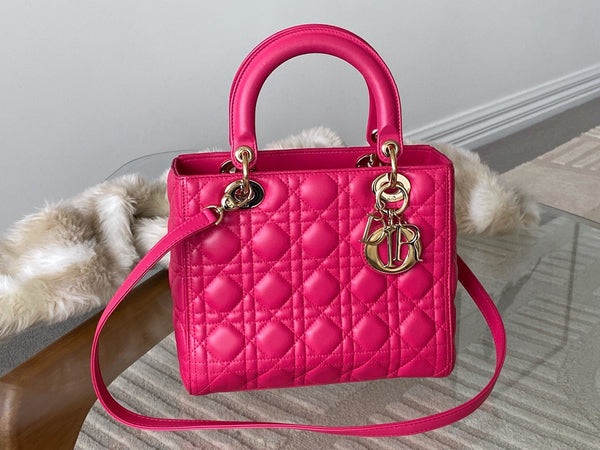 Dior Fuchsia Cannage Lambskin Medium Lady Dior