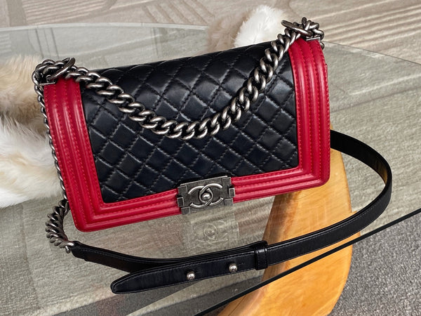 Chanel Red & Black Lambskin Medium Boy Bag