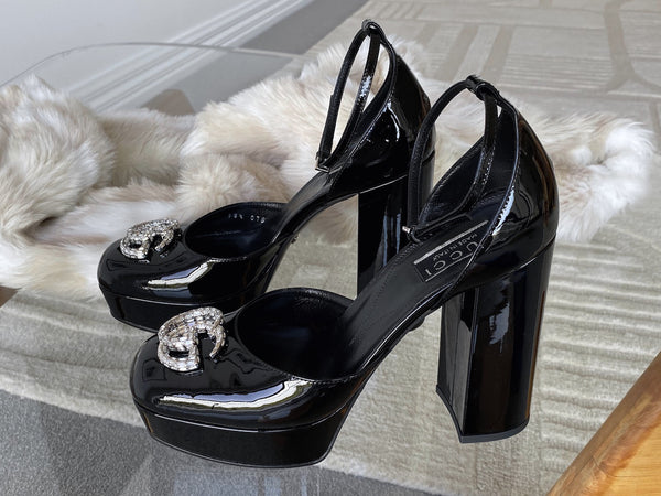 Gucci Nero Vernice Crystal GG Platform Pumps | Sz 38.5 | BNIB