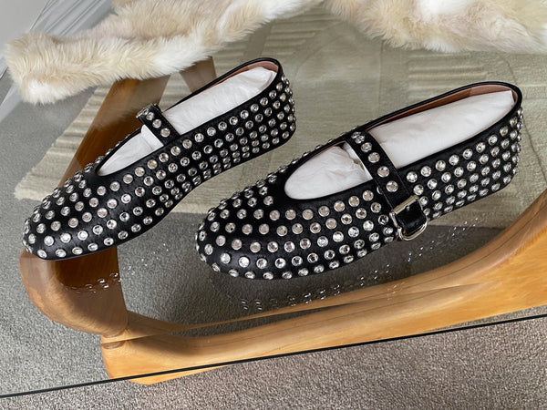 ALAÏA Crystal Black Lambskin Ballet Flats | Sz 39.5 | BNIB