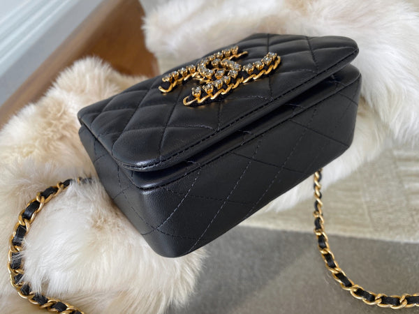 Chanel 2021 Black Lambskin Mini Crystal CC Flap Bag MGHW