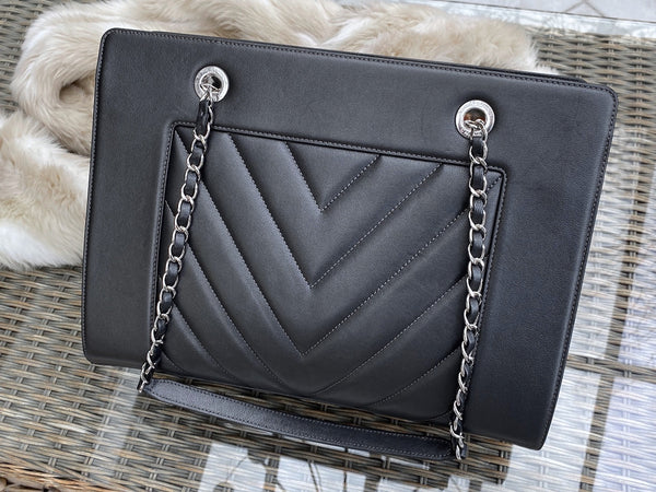 Chanel Chevron Graphite Sheepskin Large Mademoiselle Bag SHW