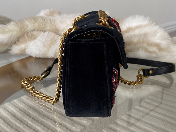 Gucci LE Black Matelassé Chevron Velvet Mini Beaded GG Marmont | BNIB