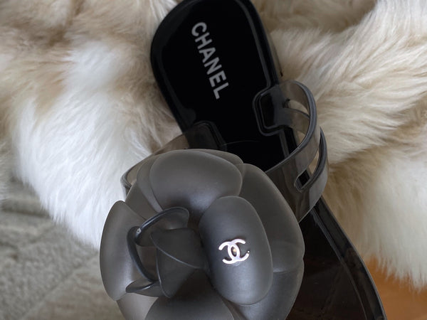 Chanel Graphite Camellia Jelly Sandals | Sz40