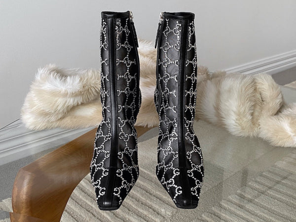 Gucci Nero Malaga Kid GG 75 Crystal-Embellished Tom Mesh Ankle Boots | Sz 37.5