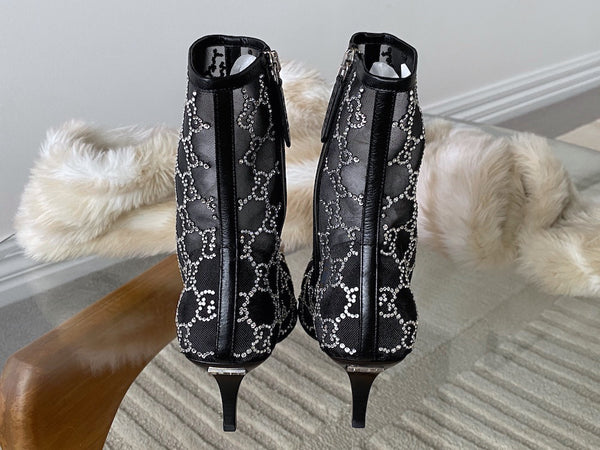 Gucci Nero Malaga Kid GG 75 Crystal-Embellished Tom Mesh Ankle Boots | Sz 37.5