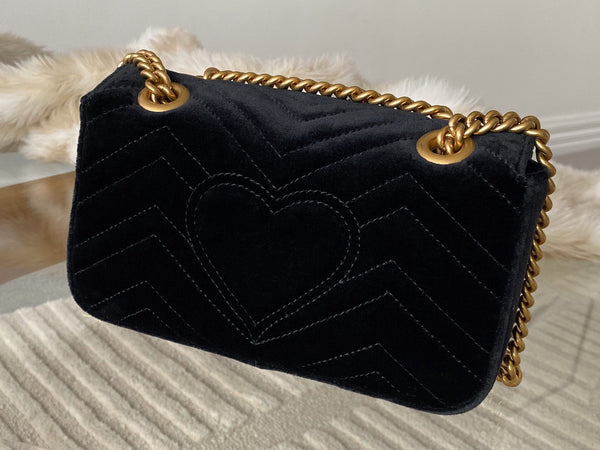 Gucci LE Black Matelassé Chevron Velvet Mini Beaded GG Marmont | BNIB