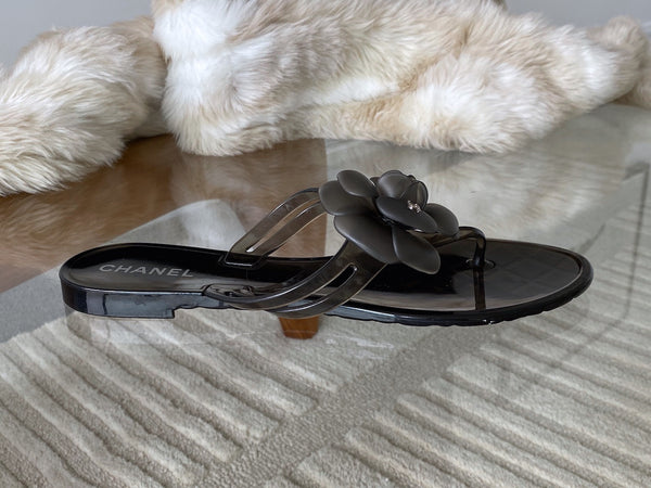 Chanel Graphite Camellia Jelly Sandals | Sz40