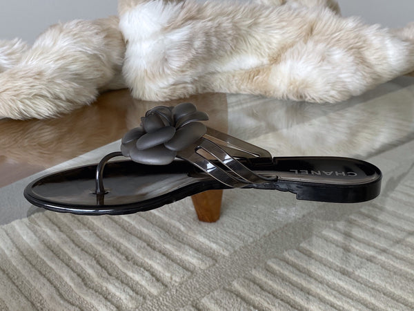 Chanel Graphite Camellia Jelly Sandals | Sz40