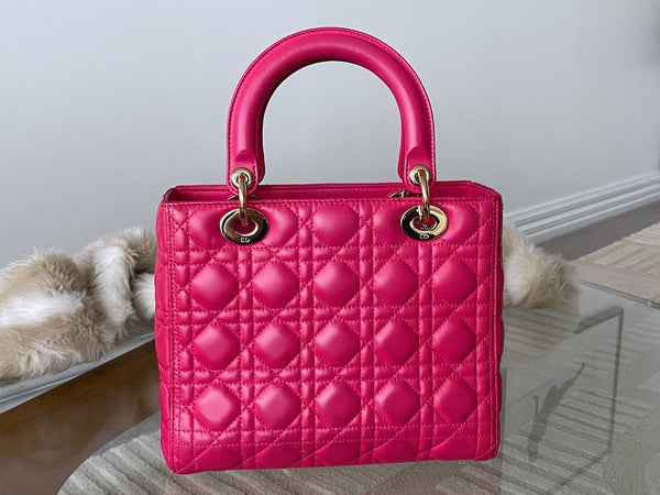 Dior Fuchsia Cannage Lambskin Medium Lady Dior