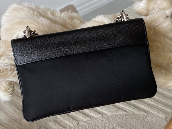 Prada Black Tessuto & Saffiano Pattina Chain Flap