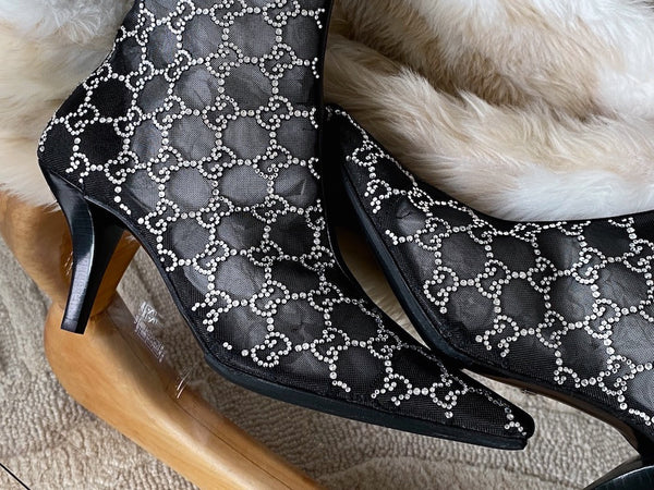 Gucci Nero Malaga Kid GG 75 Crystal-Embellished Tom Mesh Ankle Boots | Sz 37.5