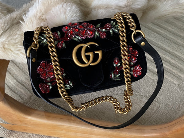 Gucci LE Black Matelassé Chevron Velvet Mini Beaded GG Marmont | BNIB