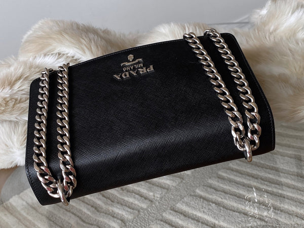 Prada Black Tessuto & Saffiano Pattina Chain Flap