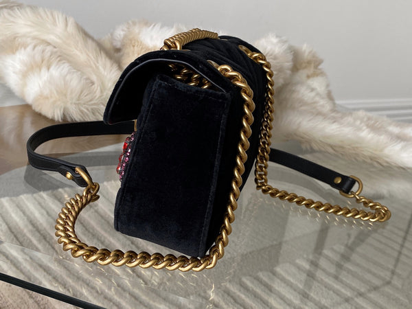 Gucci LE Black Matelassé Chevron Velvet Mini Beaded GG Marmont | BNIB