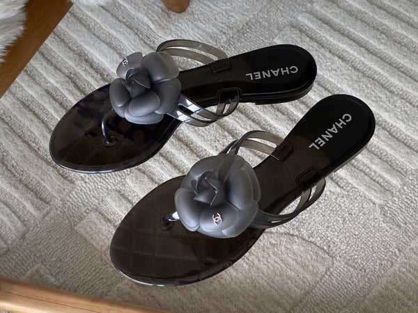 Chanel Graphite Camellia Jelly Sandals | Sz40