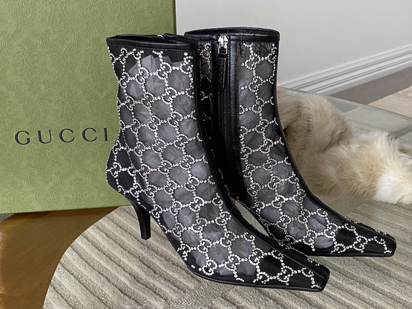 Gucci Nero Malaga Kid GG 75 Crystal-Embellished Tom Mesh Ankle Boots | Sz 37.5