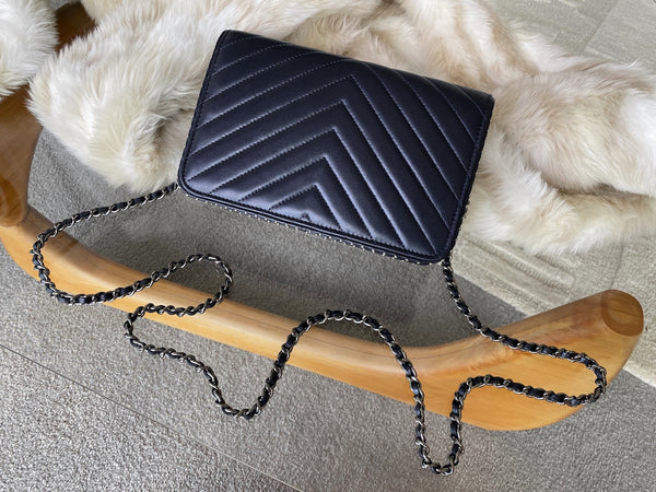 Chanel Midnight Blue Chevron Lambskin Side Studded Wallet on Chain