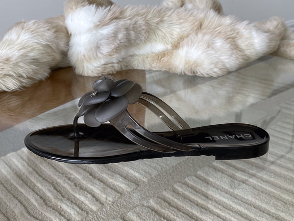 Chanel Graphite Camellia Jelly Sandals | Sz40