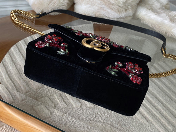 Gucci LE Black Matelassé Chevron Velvet Mini Beaded GG Marmont | BNIB