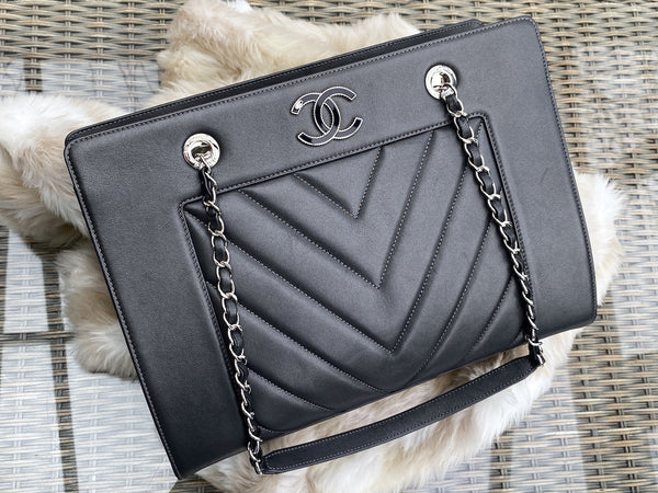 Chanel Chevron Graphite Sheepskin Large Mademoiselle Bag SHW