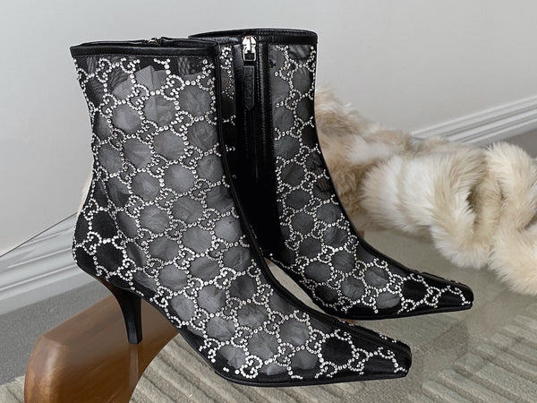 Gucci Nero Malaga Kid GG 75 Crystal-Embellished Tom Mesh Ankle Boots | Sz 37.5