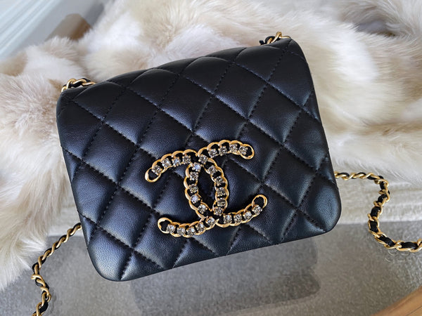 Chanel 2021 Black Lambskin Mini Crystal CC Flap Bag MGHW