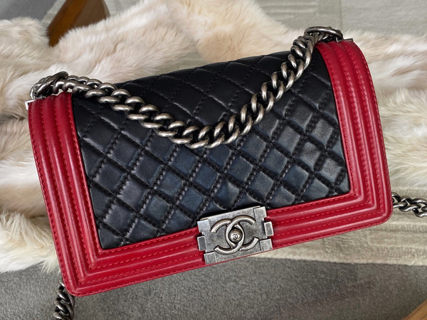 Chanel Red & Black Lambskin Medium Boy Bag